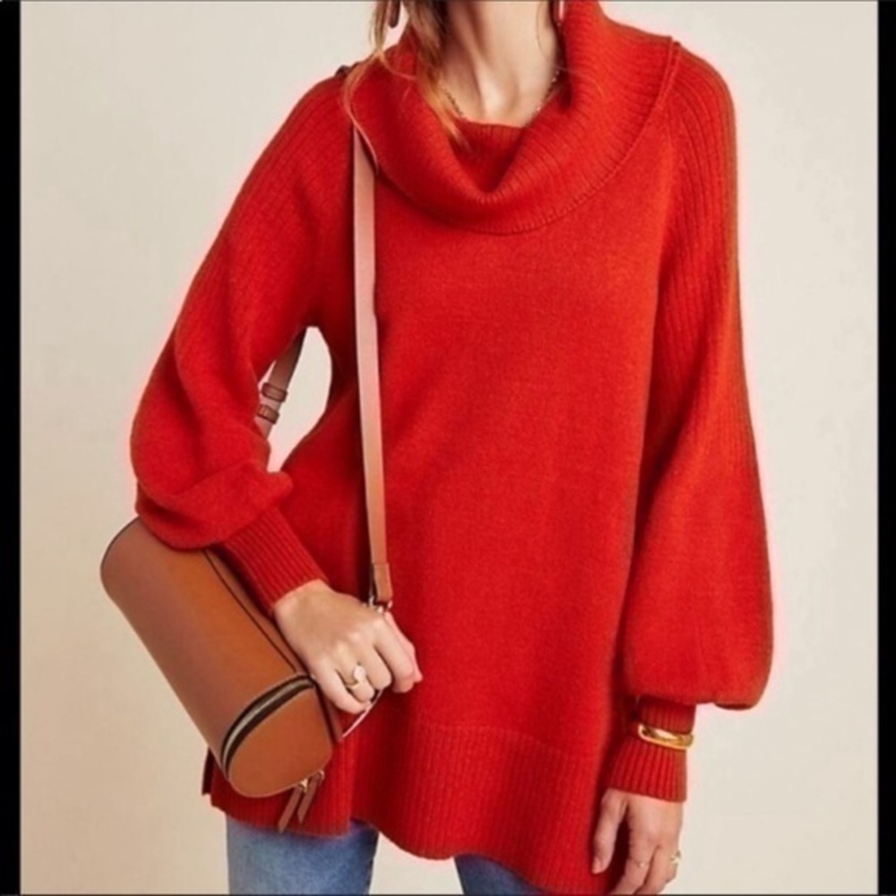 Anthropologie Paloma Knit Tunic Sweater Ballon Sleeve Burnt Orange